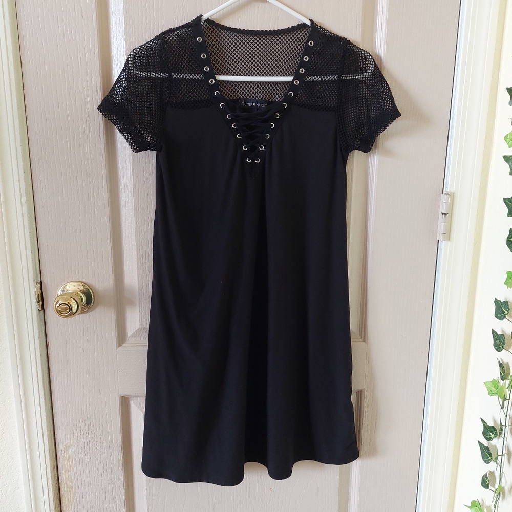Black Net Shoulder Lace Up Neck Dress